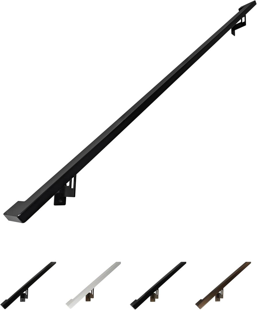 Modern Aluminum Handrail Grab Bar Kit, Adjustable Steel Brackets Included, Returns to Wall, Powder Coated Finish (Black, 5 Foot Handrail Set)