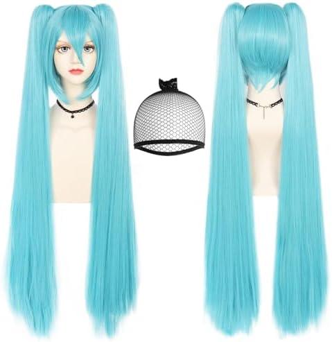ANOGOL Hair Cap+ 120CM Blue Ponytail Wig Cosplay Lolita Wigs with Double Ponytails Long Straight Blue Cosplay Wigs Synthetic Hair Party for Anime Costume Halloween Outfit
