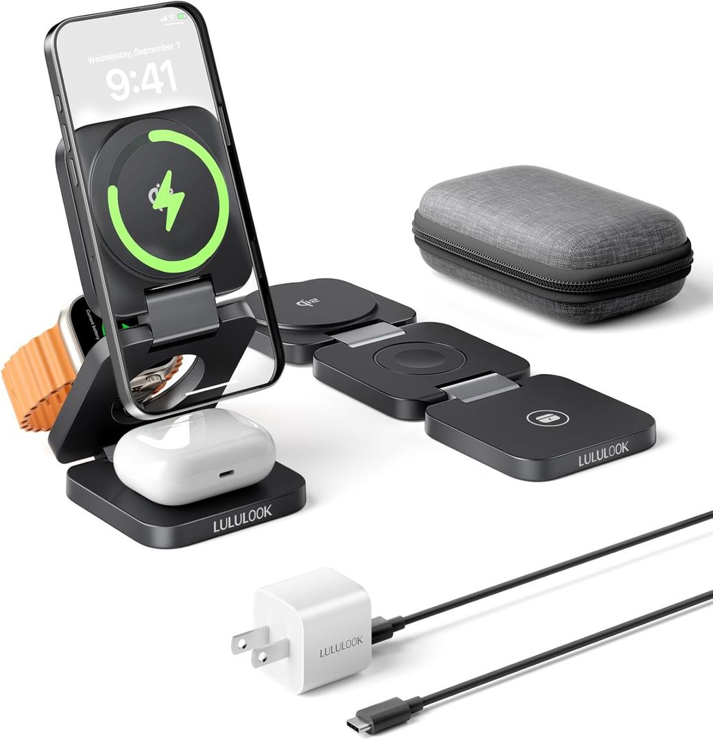 Qi2 Certified 3 in 1 Travel Charger MagSafe Compatible, Upgraded Foldable Wireless Charger Stand, Mag-Safe 3 in 1 Charging Station,15W Fast Charging for iPhone 17/16/15/14/13/12, Apple Watch, AirPods (Black)