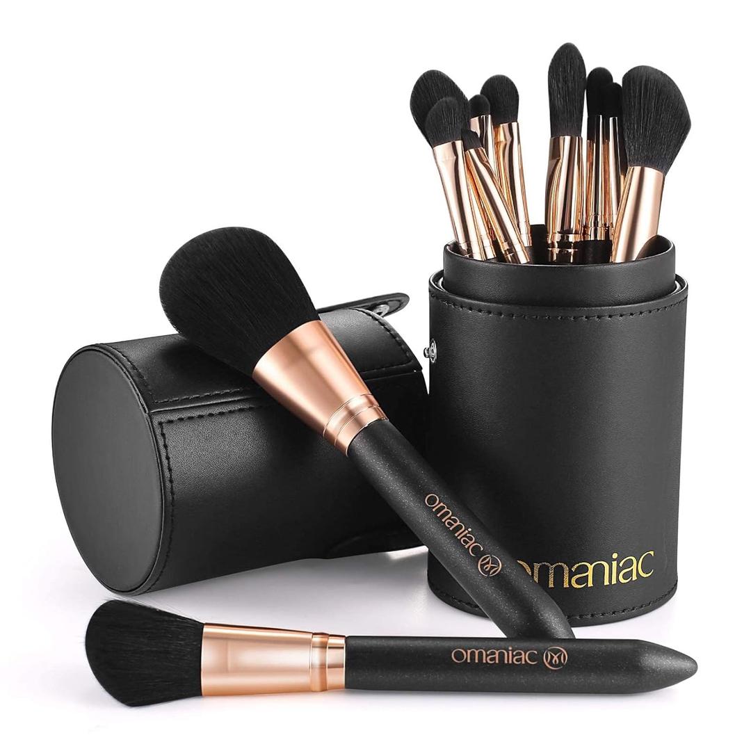OMANIAC Makeup Brush Set Professional, 12 Pearlescent Wood Handle Makeup Brushes, Premium Cruelty-Free Synthetic Fiber Hair, Travel Make up Brushes Set with Case (Black). (13 Piece Set)