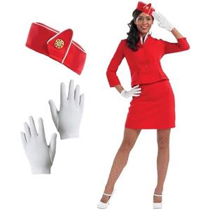 fun shack Flight Attendant Costume Women Red, Retro Airline Stewardess Outfit for Women, Vintage Stewardess Attire Size L