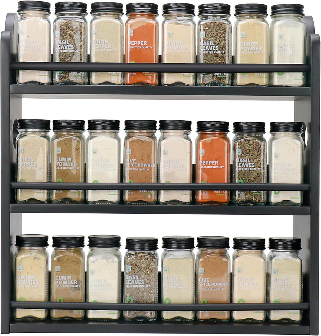 3 Tier Bamboo Spice Rack, Spice Rack Organizer, Seasoning Jars Rack Shelf Spice Organizer for Kitchen Counter or Wall Mounting, Spice Storage Holder with handles, Jars Not Included, Black