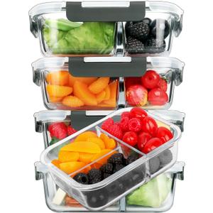 M MCIRCO [5-Pack, 36 oz] Glass Meal Prep Containers 3 Compartment with Lids, Glass Lunch Containers, Food Prep Lunch Box, Bento Box, Microwave, Oven, Freezer, Dishwasher (4.5 Cups)