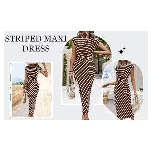 Womens Striped Bodycon Fitted Work Casual Office Elegant Long Midi Dress XL