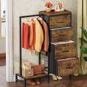 HIGDBFE Dresser with Hanging Rack, 4 Drawers Small Closet for Bedroom, Reversible Fabric Kids Chest of Drawers with Clothes Rack, Tall Storage Tower, Sturdy Frame, Rustic Brown, 44''H, 12"D x 30"W x 44"H