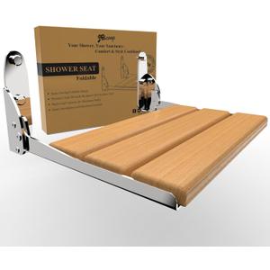 JBscoop Folding Shower Seat, Teak Wood & 304 Stainless Steel Wall-Mounted Bench, 440 lb Capacity, Waterproof & Rustproof, Space-Saving Foldable Design  18 Inch for Bathroom or Spa
