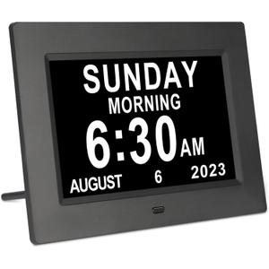TSITSC 7 Inch Digital Day of The Week Clock Extra Large Non-Abbreviated Dementia Day and Date Time Clocks for Seniors Elderly Impaired Vision Memory Loss 12 Alarm Reminders + Auto-Dimming