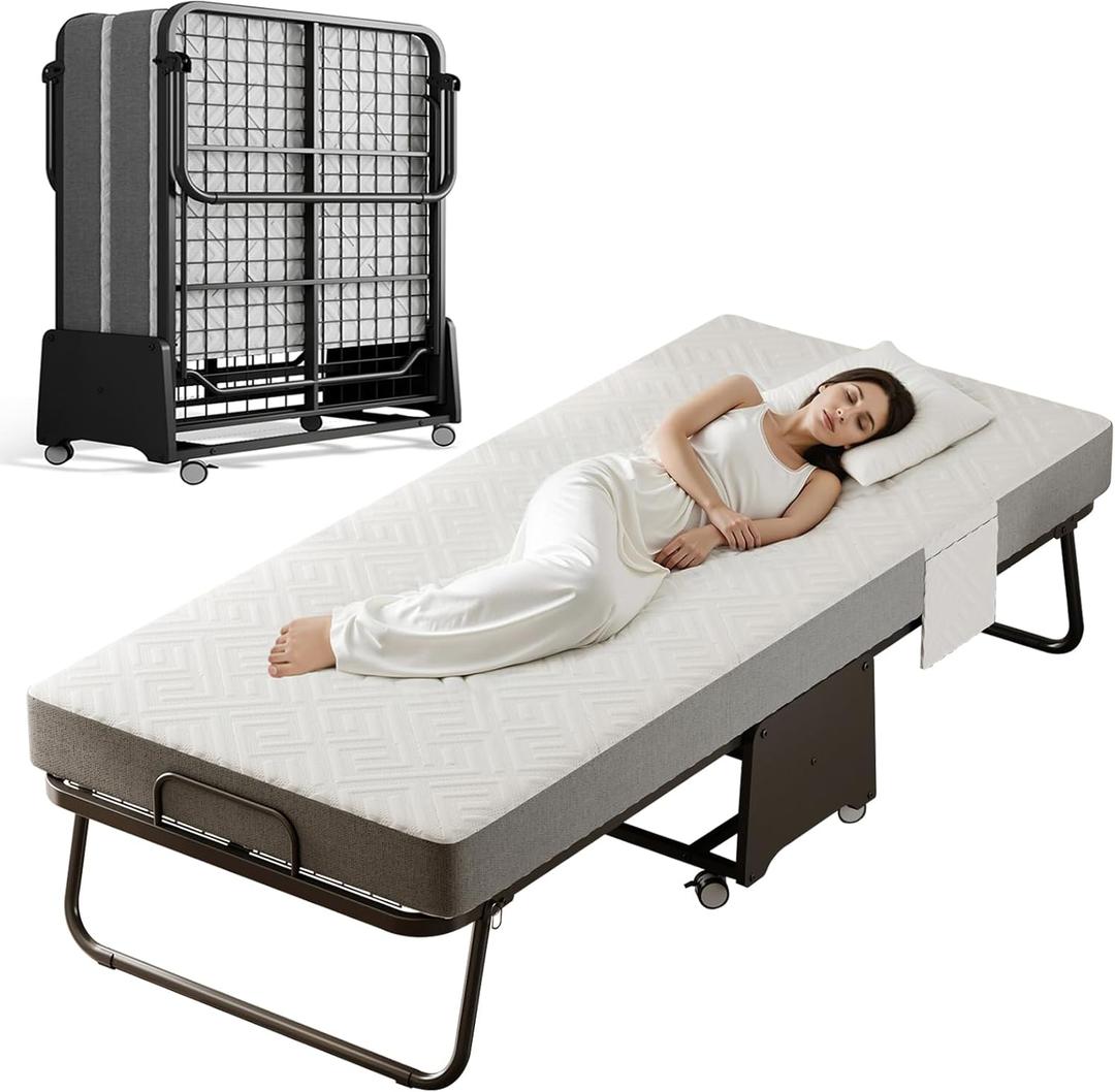 Deluxe Folding Bed with Mattress with 5-inch Memory Foam Mattress on Rollers for Easy Storage with Metal Frame and Bed Side Pockets (75"31")