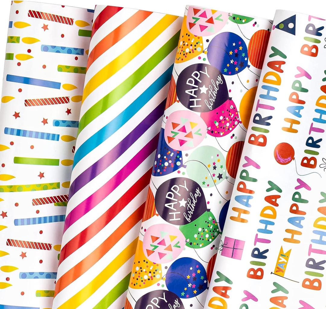 WRAPAHOLIC Birthday Wrapping Paper Sheet - 12 Sheets Folded Flat with 12 Gift Tags for Party, Baby Shower - 19.7 Inch X 27.5 Inch Per Sheet