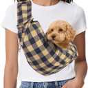 Dog Sling Carrier for Small Dogs and Cats Up to 16.5 Lbs, Adjustable Buckle with Pocket Pet Sling Carrier Safety Harness, (Khaki Grid, 1 Pcs) Intended for Outdoor/Camp/Travel