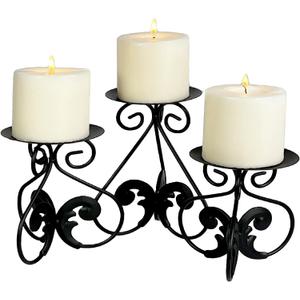 Lilys Home Elegant Scrollwork Fleur De Lis Pillar Candle Holders, Wax & LED Candle Stands, Black, Set of 3. Candles Not Included