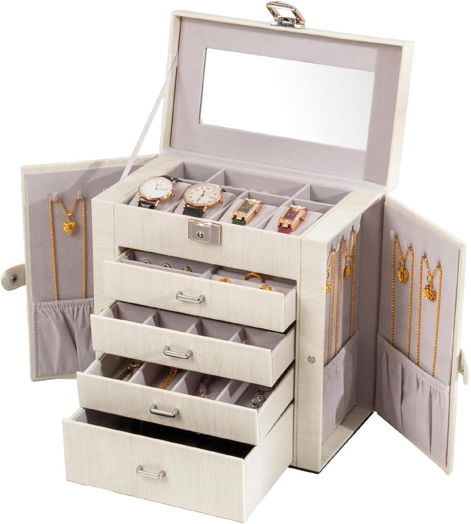 Large Jewelry Box,5-Tier PU Leather Jewelry Organizer with Lock,Multi-functional Storage Case with Mirror,Jewelry Organizer for Bracelets, Earrings, Rings, Necklaces (WHITE)