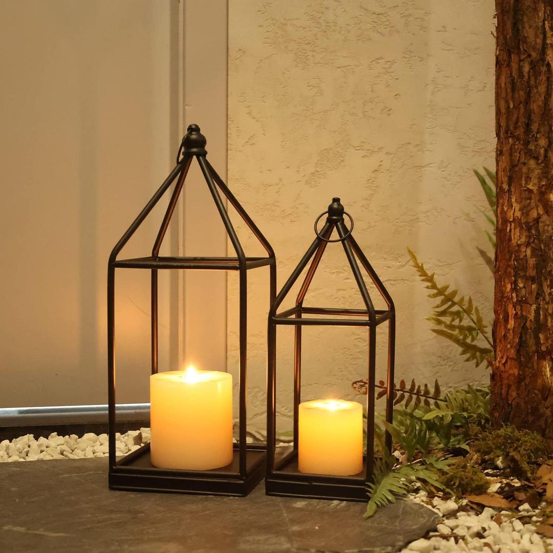 DECORKEY Luxury Lantern Decorative Outdoor&Indoor, Set of 2 (18’’&14’’) Black Metal Lanterns Decor, Vintage Hanging Candle Holder for Home Porch Wedding Centerpiece, Halloween Christmas Decorations