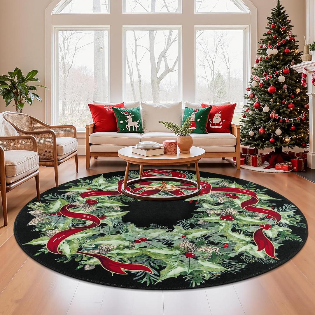 U'Artlines Christmas Washable Round Area Rug 8ft Bell Leaves Laundry Rug Runner Non Slip Soft Throw Rugs Carpet for Entryway Living Room Bedroom Black