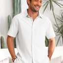Runcati Mens Button Down Linen Shirts Short Sleeve Casual Summer Beach Tops (White)