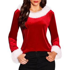 Christmas Tops for Women - Xmas V Neck Fur Trim Sweaters Casual Loose Sweatshirts Velvet Long Sleeve Pullover (Red, S)