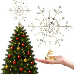 10 Inch Snowflake Christmas Tree Topper Vintage Gold Christmas Tree Topper with Crystal Metal Brass Xmas Decoration Antique Glitter Snow Floral Flake for Xmas Ornament Holiday Party Decor