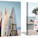 Beach Picture Coastal Wall Art: Surfboard & Pink Car Painting Ocean Wall Art on Canvas for Bedroom (16 x 16 x 2 Panels)