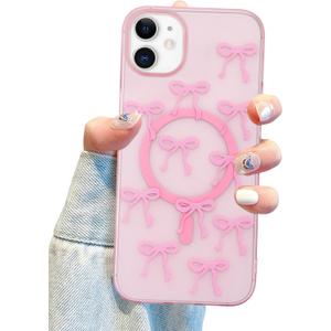 Jusy Magnetic Bow Case for iPhone 11, Cute Aesthetic Bowknot Pattern Phone Case Compatible with Magsafe, Soft TPU Protective Phone Cover for Women Girls - Pink