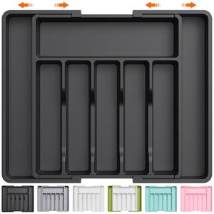 Lifewit Large Silverware Drawer Organizer, Expandable Utensil Tray for Kitchen, BPA Free Flatware and Cutlery Holder, Adjustable Plastic Storage for Spoons Forks Knives, Large, Black