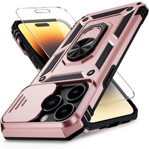 Vinve for iPhone 14 Pro Max Case with Slide Lens Cover HD Screen Protector, Military Grade Drop Protection, Magnetic Rotated Ring Holder Kickstand Protective Phone Case (Rose Gold)