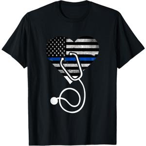 American Flag Heart with Police Thin Blue Line Nurse RN LVN T-Shirt, XS