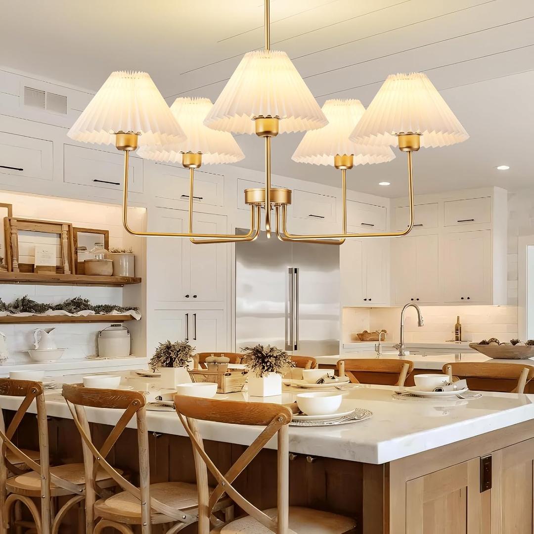 33.4 Modern Gold Chandelier, 5-Light Farmhouse Chandelier with White Fabric Shade, E26 Base Adjustable Height Industrial Pendant Light for Dining Table Bedroom Living Room Foyer Entryway