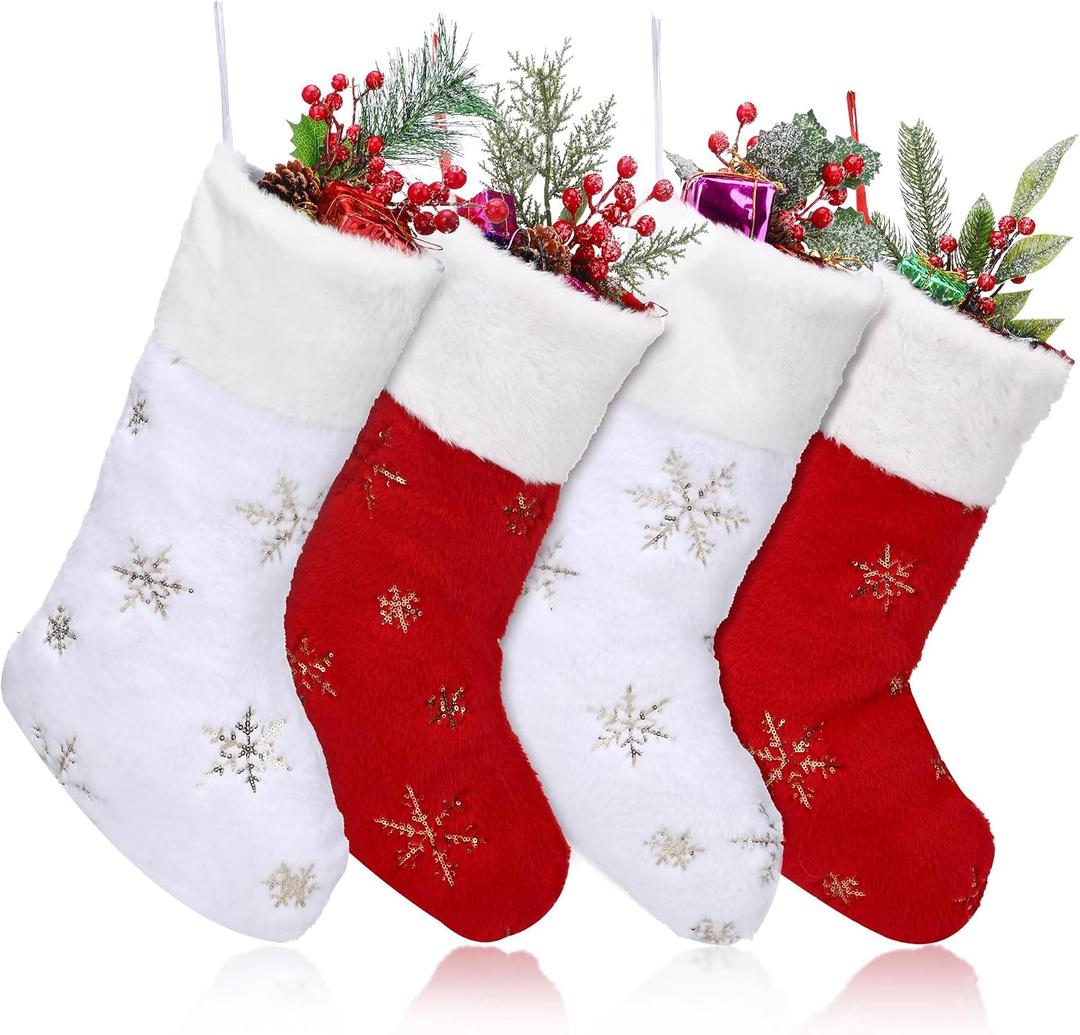 4 Pcs Snowflake Plush Hanging Stocking Christmas Snowy Stockings Hanging Ornaments Golden Glitter Snowflake Hanging Stocking for Mantels, Christmas Tree Family Holiday Decor, Red and White
