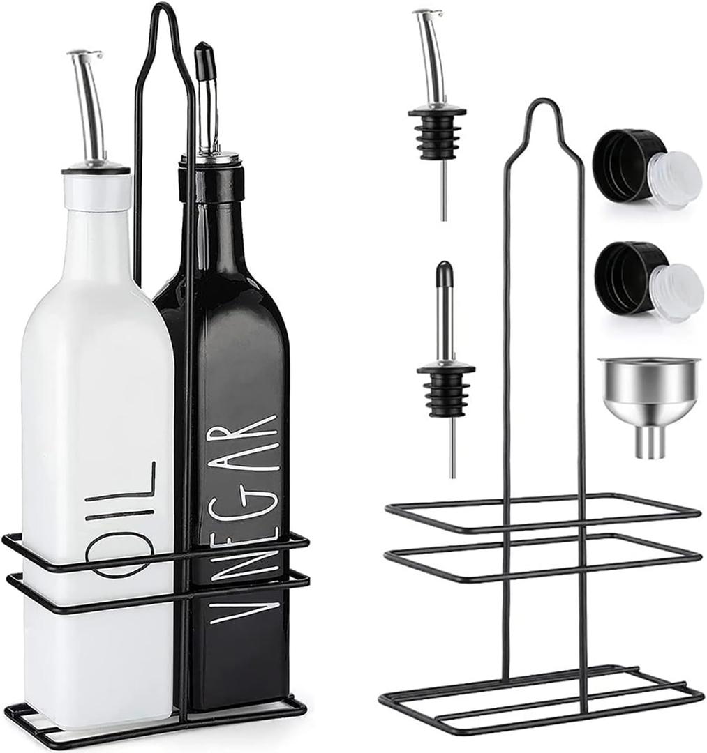 Oil and Vinegar Dispenser Set - Farmhouse Olive and Vinegar Dispenser  Chic Olive Oil Dispenser  Black and White Bottle with spouts and oil bottle top  2 x 500ml