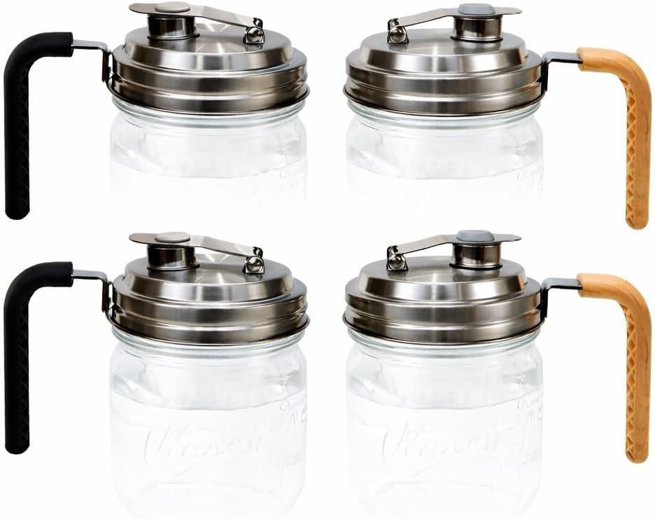 Stainless Steel Mason Jar Lids with Rubber Gasket and Handle,Mason Jar Lids for Wide Mouth,Bottle Cover for Cold Brew Grain Screw Cans Caps (Jars Not Included) (4)