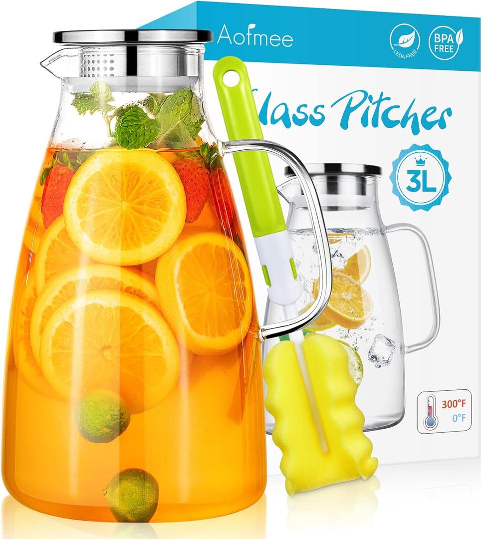Aofmee 100 Oz Glass Pitcher, 3L Water Pitcher with Lid, Iced Tea Jar with 304 Stainless Steel Lid and Spout, Heat Resistant Jug for Sun Tea, Water Carafe for Cold or Hot Beverage Serveware Juice