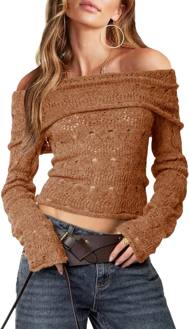 Womens Off The Shoulder Hollow Out Sweaters Sexy Slim Fitted Cropped Long Sleeve Knit Tops (Petite) (S)