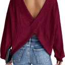 SweatyRocks Women's Criss Cross Round Neck Pullover Sweaters Long Sleeve Loose Cut Out Back Knit Tee Tops Backless Shirts (Large, Red Violet)