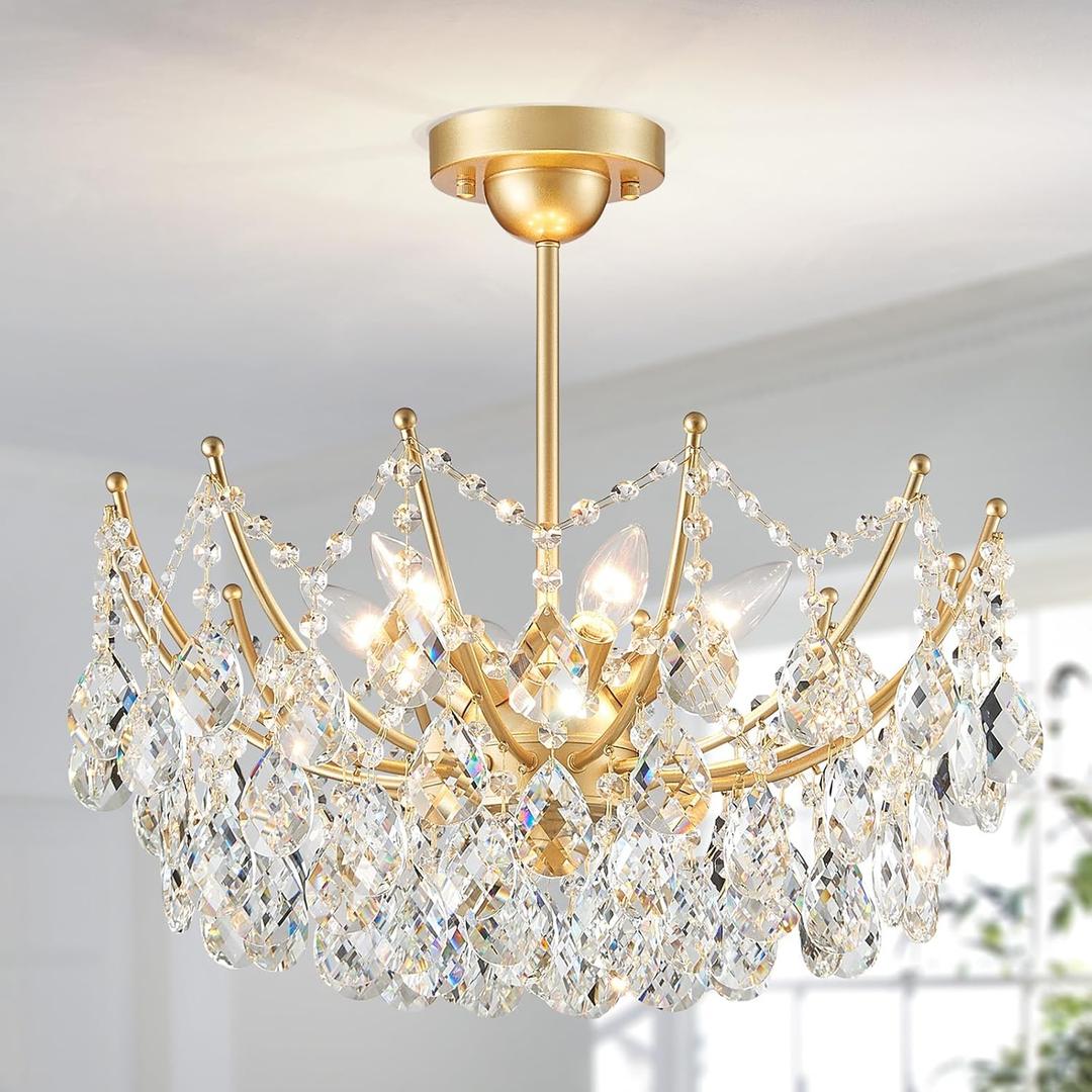 Crystal Ceiling Light Fixture, 6-Lights Gold Crystal Chandelier for Dining Room Light Fixture, Modern Semi Flush Mount Ceiling Light for Kitchen Bedroom Hallway Entryway Closet Living Room
