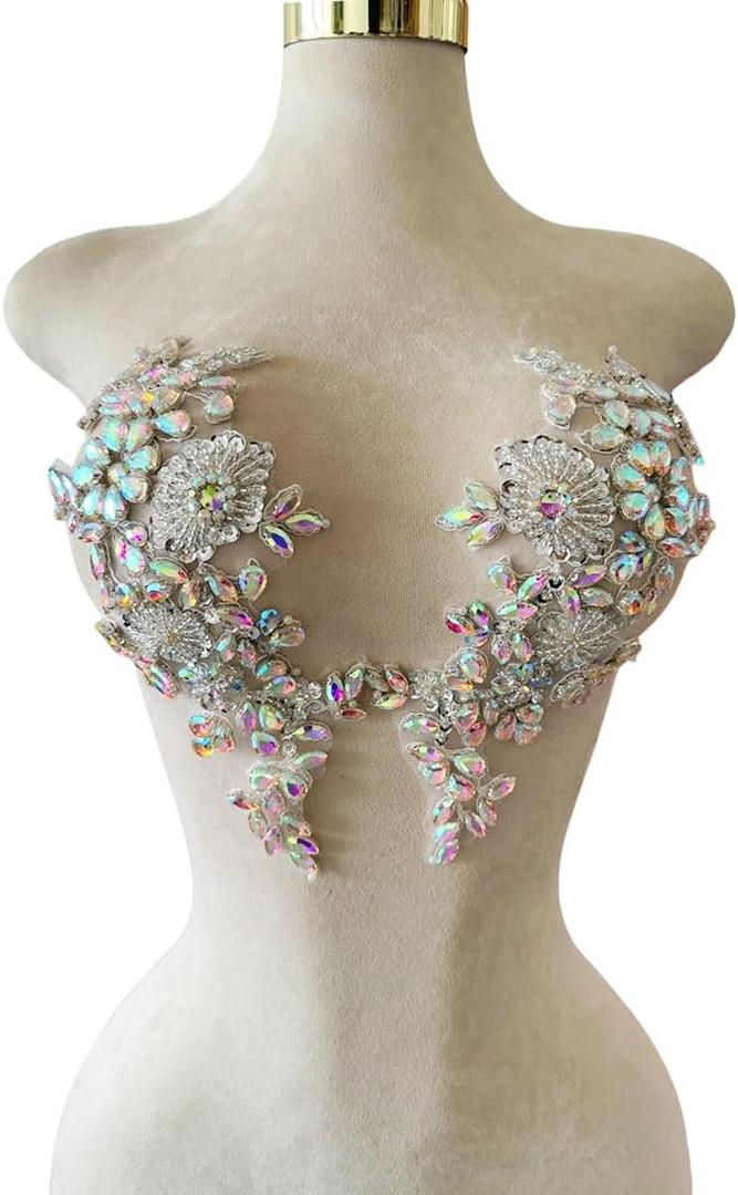 Handmade Shining Rhinestones lace Applique Patches Sewing Beads Sequins Stone Trim Accessories for Wedding Dress 1 Pair/Bag 11X4.3inches (Clear AB)