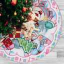 Santa Snowman Deer Pastel Christmas Tree Skirt, 24 Inches Lace-up Miniature Tabletop Colorful Xmas Tree Skirt, Funny Winter Holiday Party Mini Indoor Decoration Plaid Farmhouse Home Decor