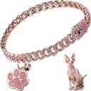 Hillban Cat Collar Diamond Chain Glitter Collar Walking Metal with Secure Buckle Cat Pet Necklace with Paw Charm and ID Tag Bell Link Cuban Jewelry Accessories(10 Inch,Rose Gold, Pink)