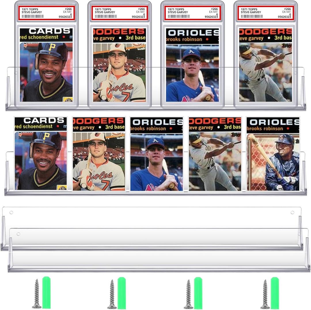 4 Pcs Sports Baseball Card Display Shelf Wall Mount, Each Holds 4 Graded Cards or 5 Trading Cards, Acrylic Display Case Sleeved Compatible with Psa SGC Graded Tradin