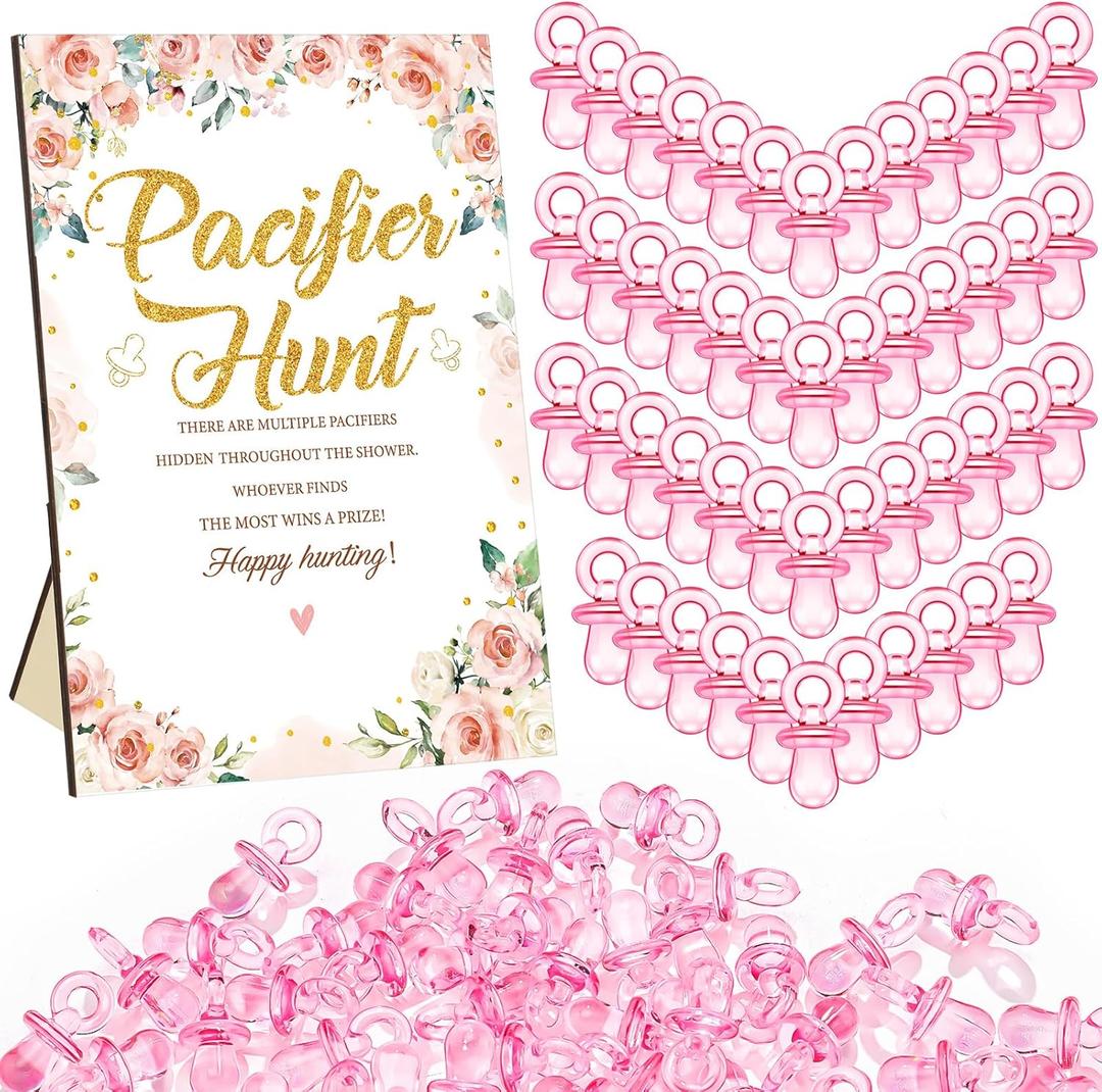 Thyle 51 Pcs Pacifier Hunt Baby Shower Games Include Hunt Sign and 50 Acrylic Pacifiers for Baby Shower Game Decoration Gift Sets Gender Reveal Party Decor(Flower)