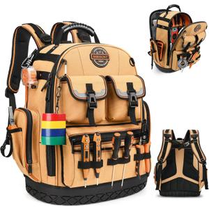 Tool Backpack Heavy Duty, Tool Bag organizer with 89 Pockets & Loops, Laptop Compartment, Combination Lock, 1680D Construction Backpack for HVAC,Mechanic,Electrician (Earth Yellow)