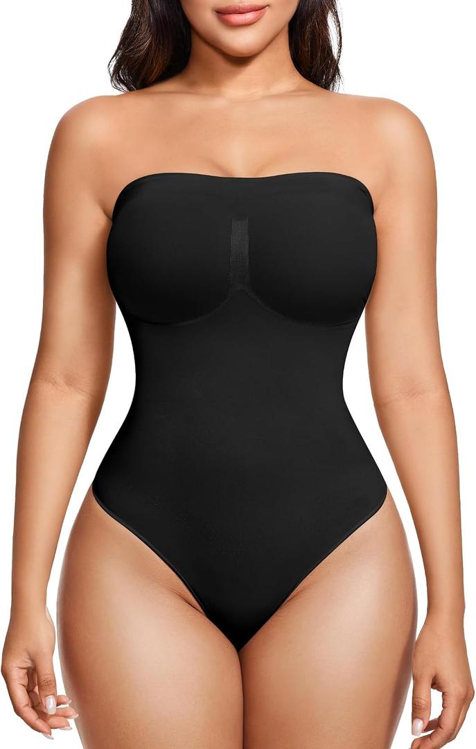 LANCS Strapless Shapewear Thong Bodysuit for Women Seamless Tummy Control Shapewear Body Shaper Tube Top Leotard (Black, Large)