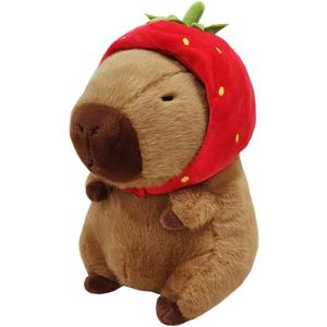 Cute Capybara Plush Wearing Strawberry Hat, 12inch Kawaii Capybara Stuffed Animal Soft Stuffed Toy Fruit Plushies Birthday for Kids