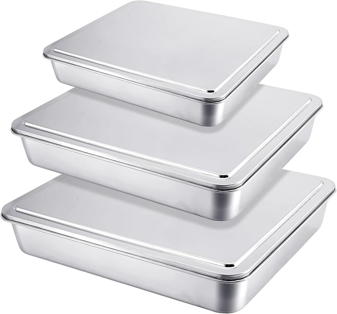 Tioncy 3 Set Stainless Steel Cake Pan with Lid 13/11/9 Inch Rectangle Sheet Baking Pan with Covers Bakeware with Lids for Cakes Breads Casseroles Fish Vegetables and More (13/11/ 9 Inch)