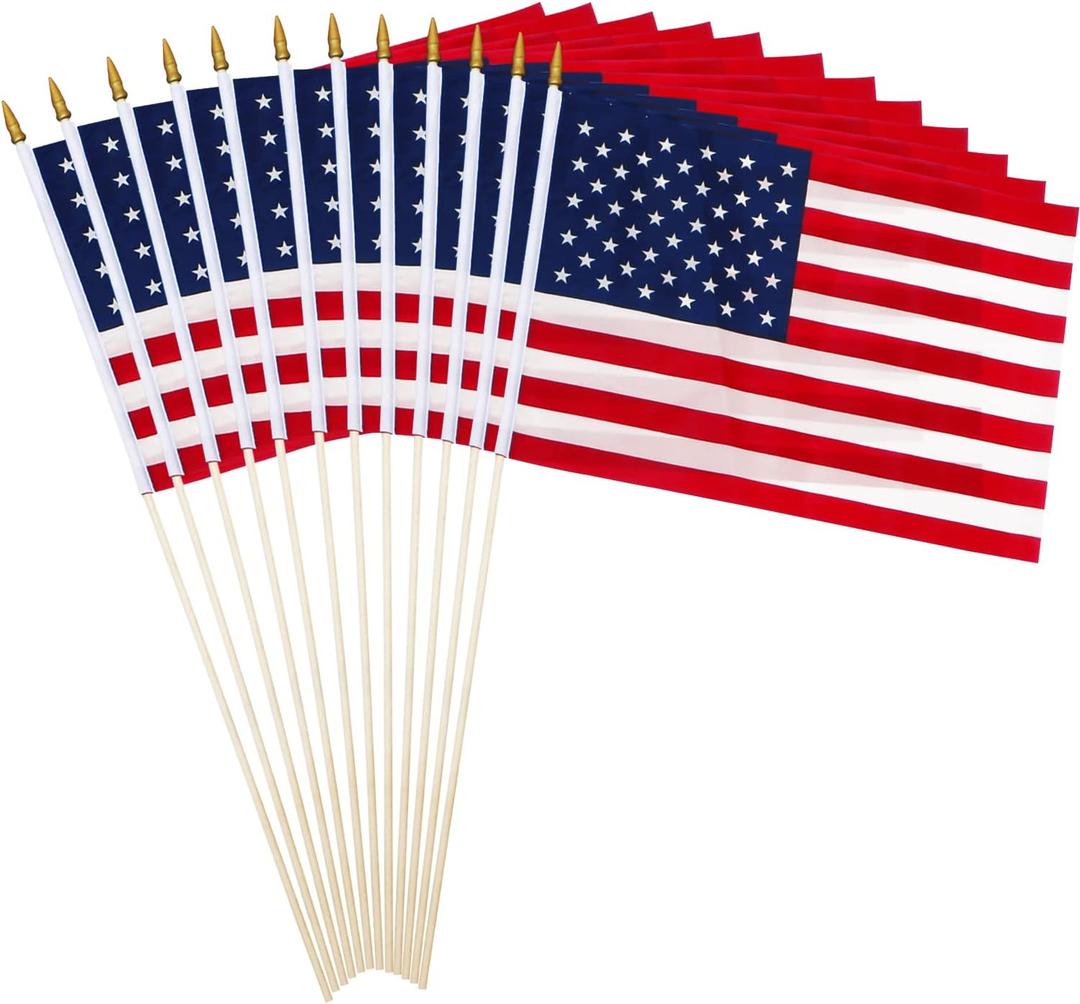 Anley Pack of 12 US National Stick Flag - 18" x 12" Handheld America Gravemarker Stick Flags - July 4th Decoration, Veteran Party, Grave Marker, etc. - 30" Solid Wooden Flag Pole with Spear Top (1 Dozen)