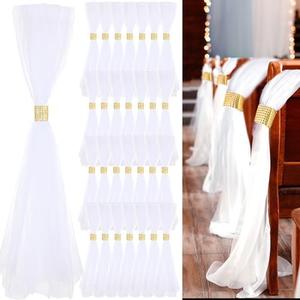 Threlaco 36 Set Wedding Aisle Chair Decorations 31.5 Inch Pew Bows with Long Tulle Tails and Rhinestone wrap for Wedding Ceremony Church Bridal Shower Banquet Decor (Gold)