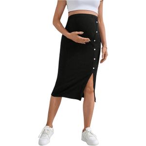 Women's Maternity Skirt Button Front Knitted Split High Waisted Pregnancy Pencil Skirt Black Small