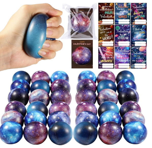 36 Pack Valentine's Day Gift Cards with Galaxy Stress Balls Galaxy Pattern Cards Space Theme Galaxy Stress Balls Set for Valentine's Day Classroom Exchange Gift (Galaxy)