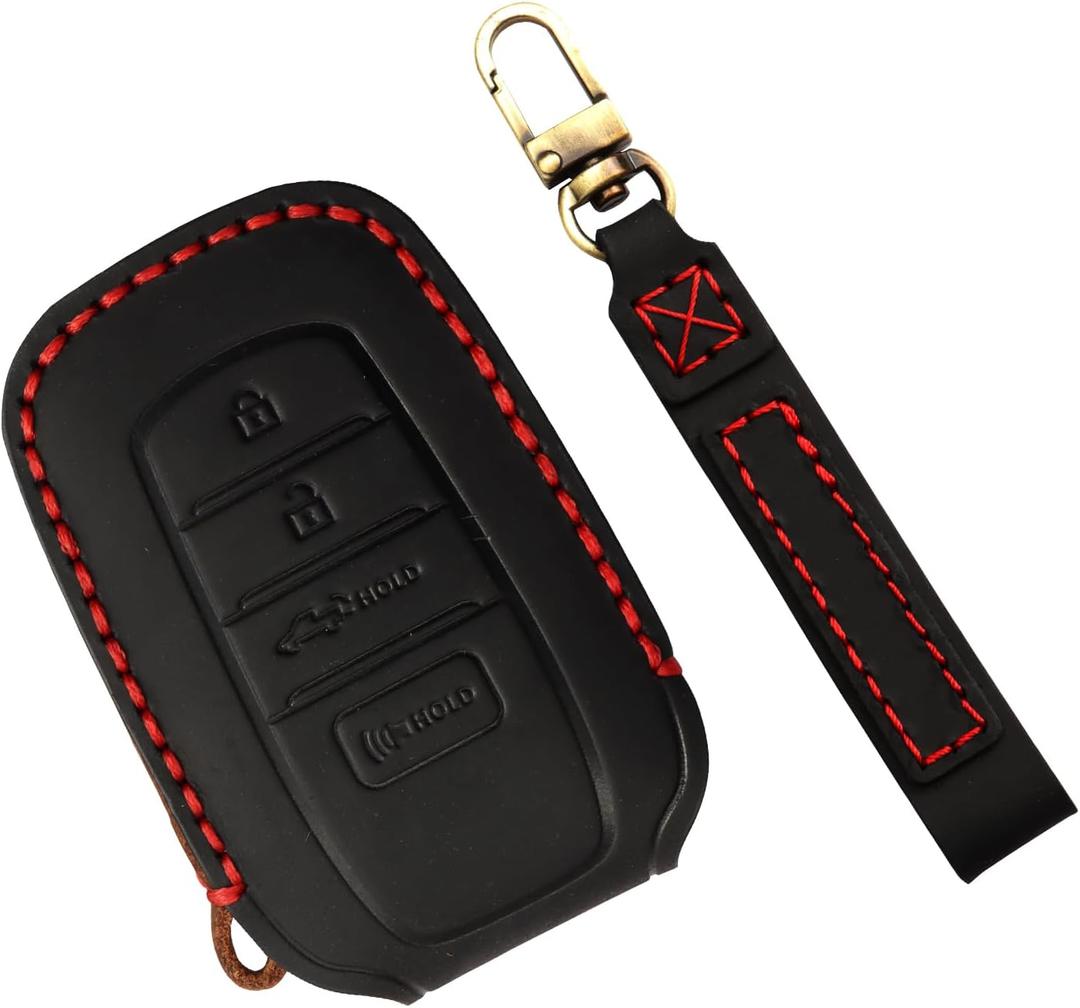 Key Fob Cover for Toyota Tundra Accessories 2022 2023 2024 2025, for Tacoma 2024 2025 Leather Key Cover, for Camry 2025 Key Protector Case, Key Fob Case (Black Leather Red Stitches, 1pc)
