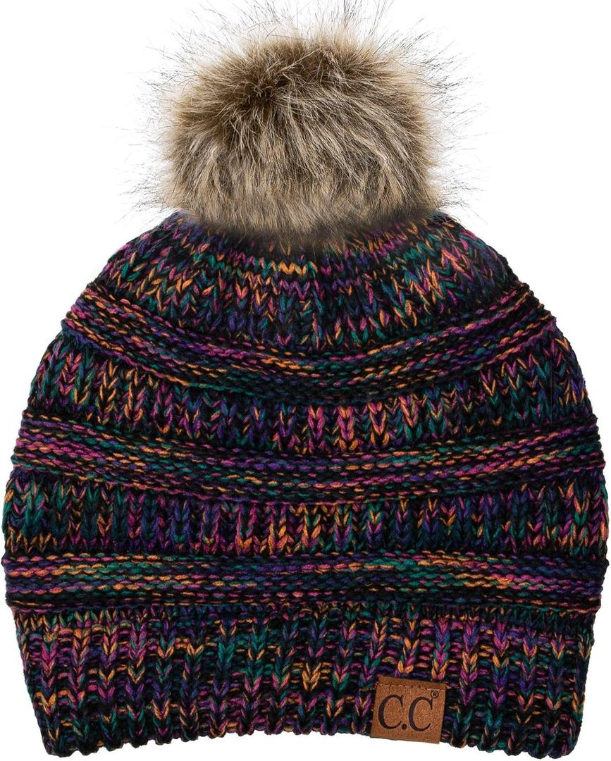 C.C Fur Pom Winter Fall Trendy Chunky Stretchy Cable Knit Beanie Hat (One Size, Black Multi(32) Mix (With Pom))