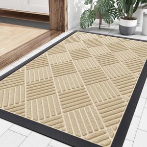 Smiry Front Door Mat Outside Entrance, Heavy Duty Outdoor Indoor Natural Rubber Doormat, Non Slip, Trap Dirt and Moisture, Easy Clean, Low Profile Patio Porch Entryway Mat, 35x23, Beige
